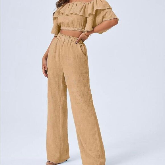 SHEIN Pants - SHEIN Tan Pants and Off Shoulder Crop Top Set Size Large